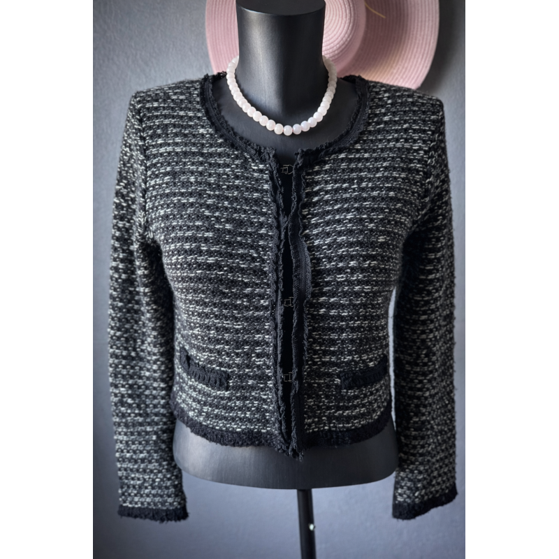 Gilet court noir & blanc Cache Cache – Maille tweed chic – Coupe structurée 38-40