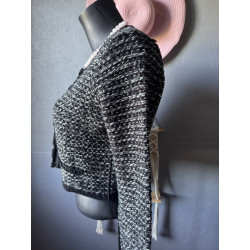 Gilet court noir & blanc Cache Cache – Maille tweed chic – Coupe structurée 38-40