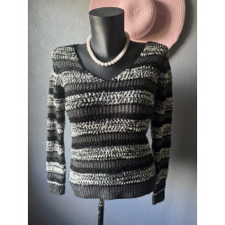 Pull noir & blanc NAF NAF – Dos lacé – Maille métallisée 36-38