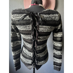 Pull noir & blanc NAF NAF – Dos lacé – Maille métallisée 36-38