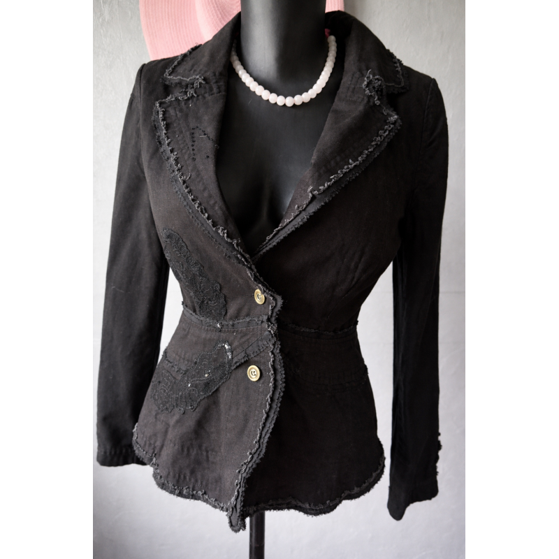 Veste noire Xanaka – Esprit Y2K bohème chic – Dentelle & perles 38-40