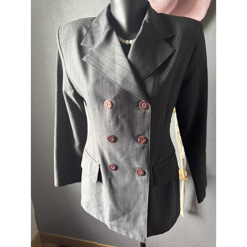 Blazer gris rayé vintage Cœur de Paris – Double boutonnage – T38